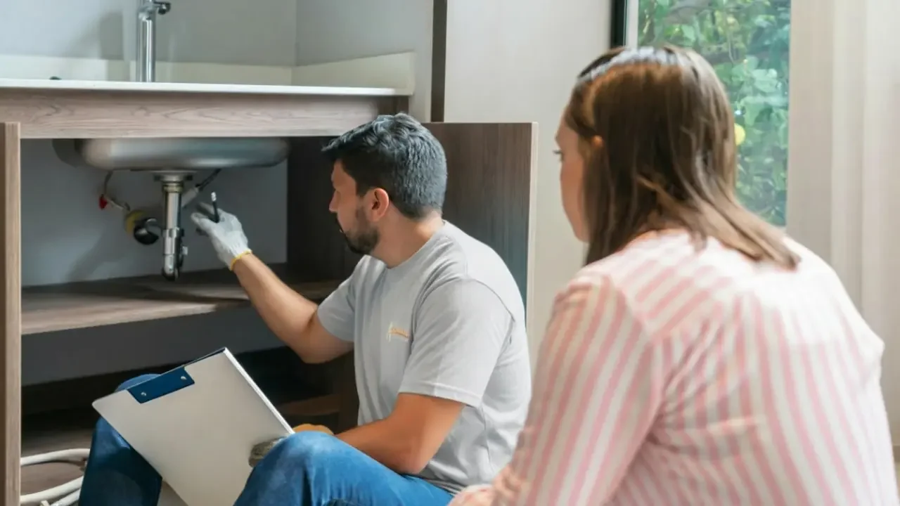 A professional plumber from Affordable Air and Plumbing sits on the floor with a clipboard, gesturing toward the drainage pipes under a sink while consulting with a female homeowner.