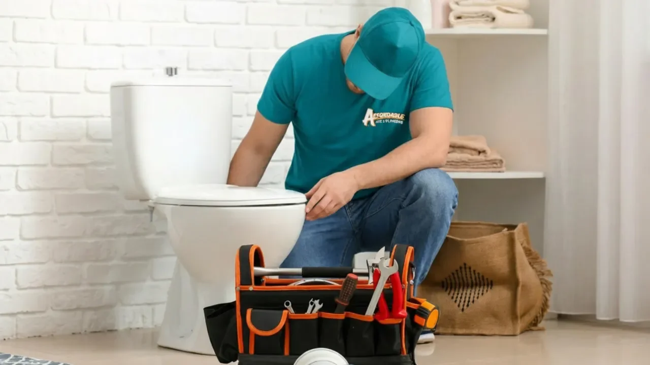 An affordable air and plumbing technician in a teal shirt and hat working on a toilet in a customer's bathroom. It has a tool bad in front of him and is checking out the side of the toilet where there is a problem.