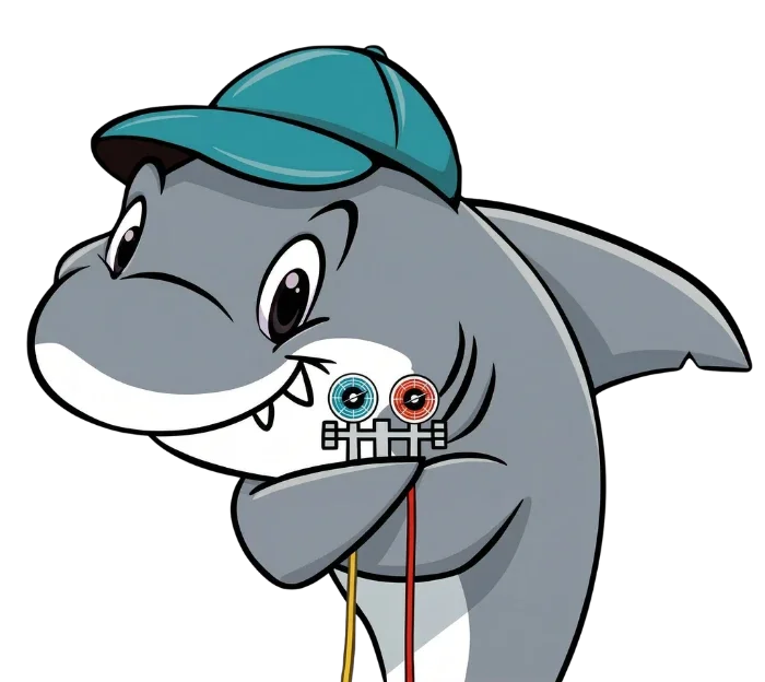 The Affordable Air and Plumbing shark mascot, a friendly grey shark in a teal technician hat holding HVAC diagnostic tools.