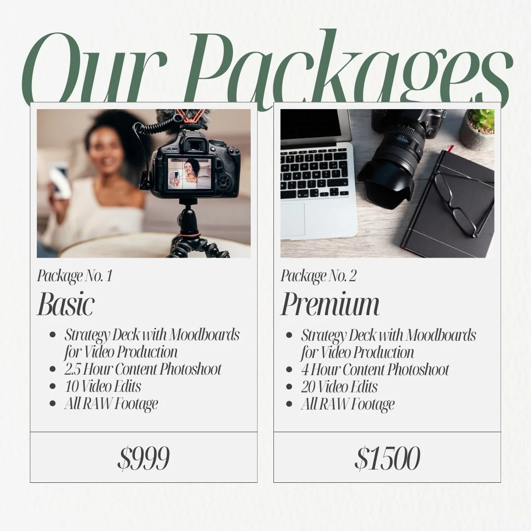 Image showcasing two video production packages: Basic and Premium. Basic includes strategy deck, moodboards, 2.5-hour photoshoot, 10 video edits, raw footage for $999. Premium includes strategy deck, moodboards, 4-hour photoshoot, 20 video edits, raw footage for $1500. Displays a camera on the left and a laptop with camera accessories on the right.