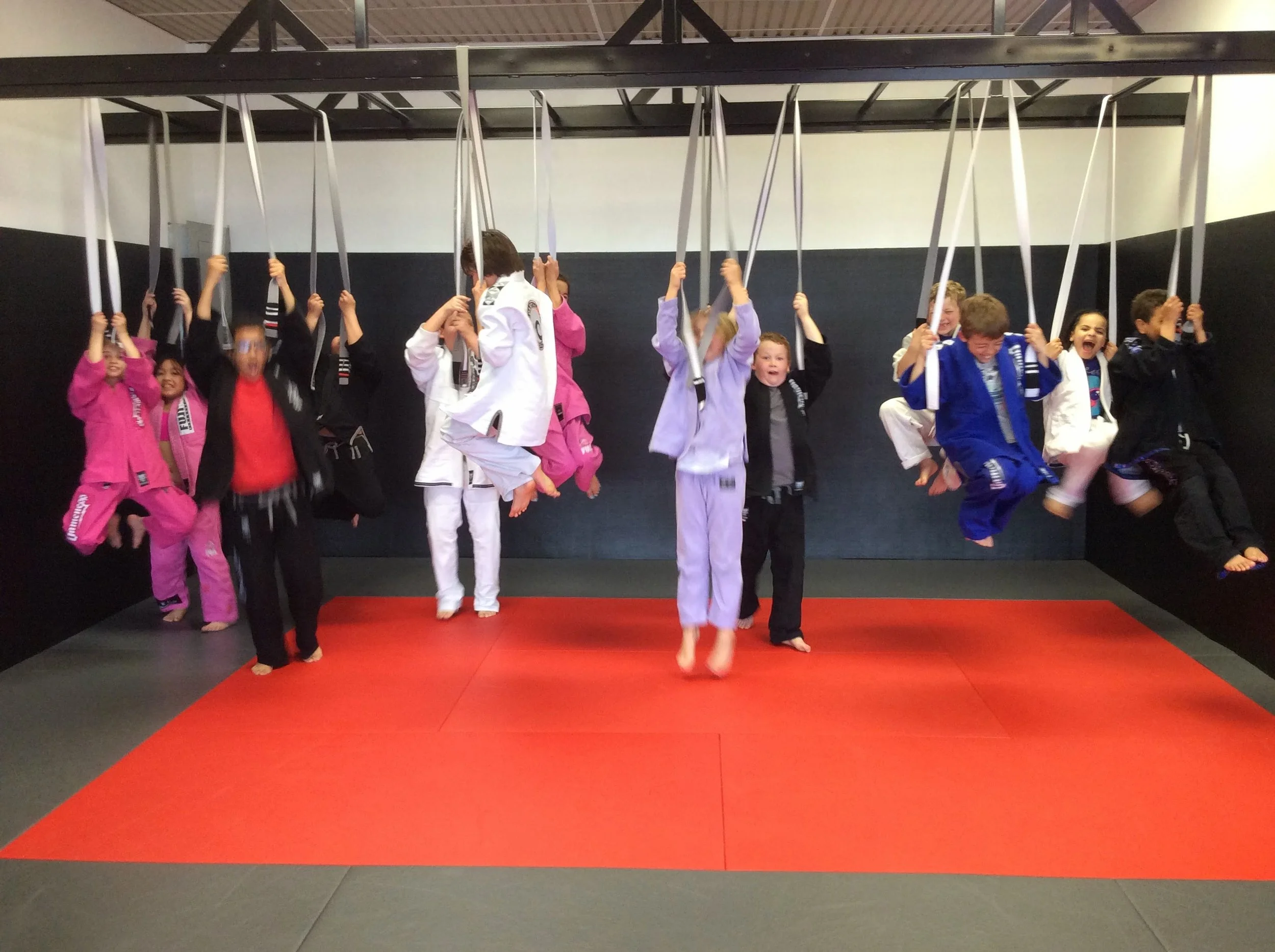 Children in martial arts uniforms hanging from hanging straps in a dojo with a red and black mat.