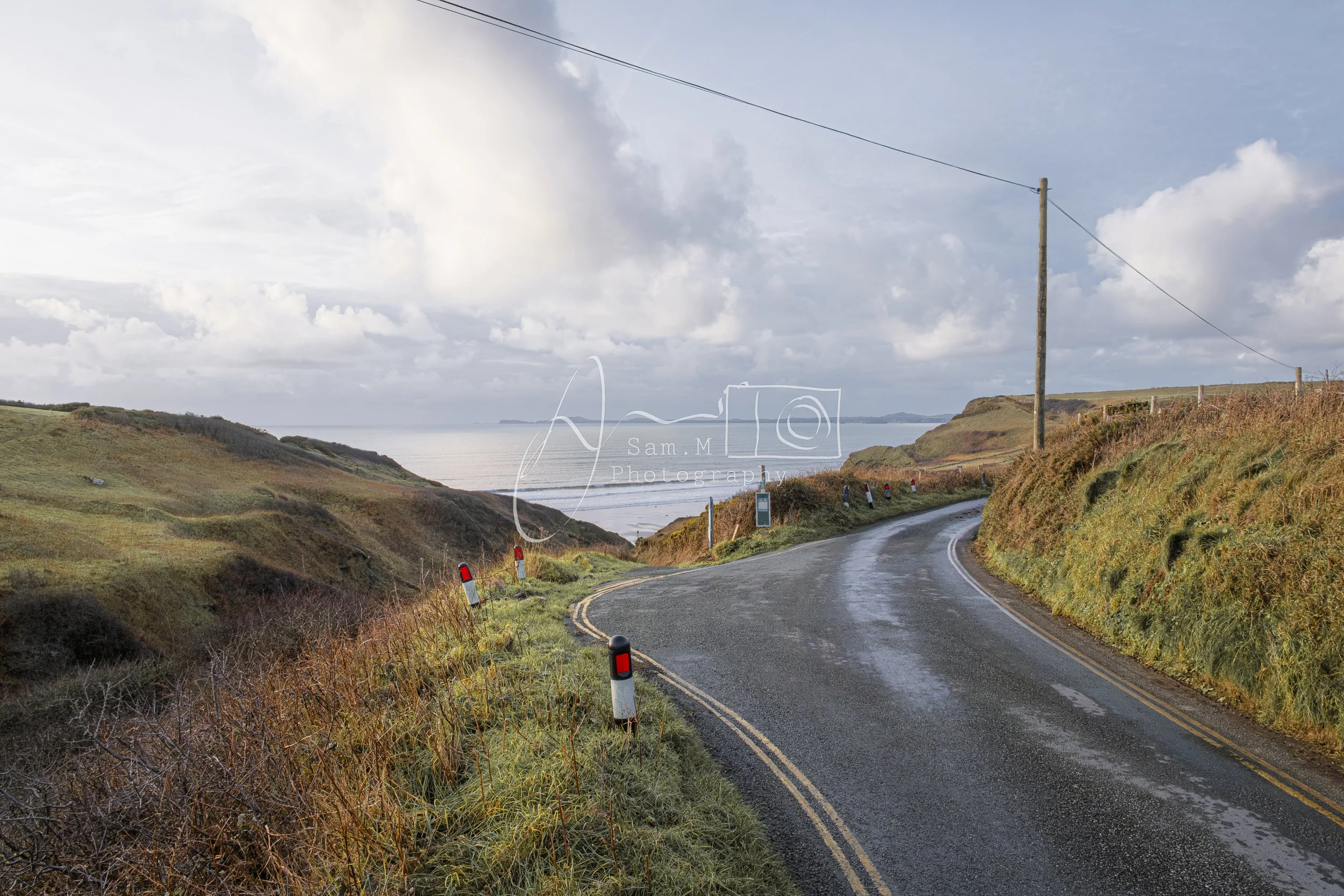 Winding coastal road with grass-covered hills on either side, utility poles, and a view of the ocean under cloudy skies.