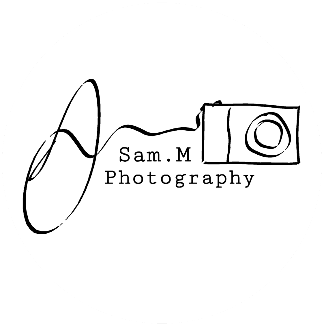 A logo for Sam M. Photography featuring a stylized camera with the camera strap forming a line that crosses through the text 'Sam. M Photography'.