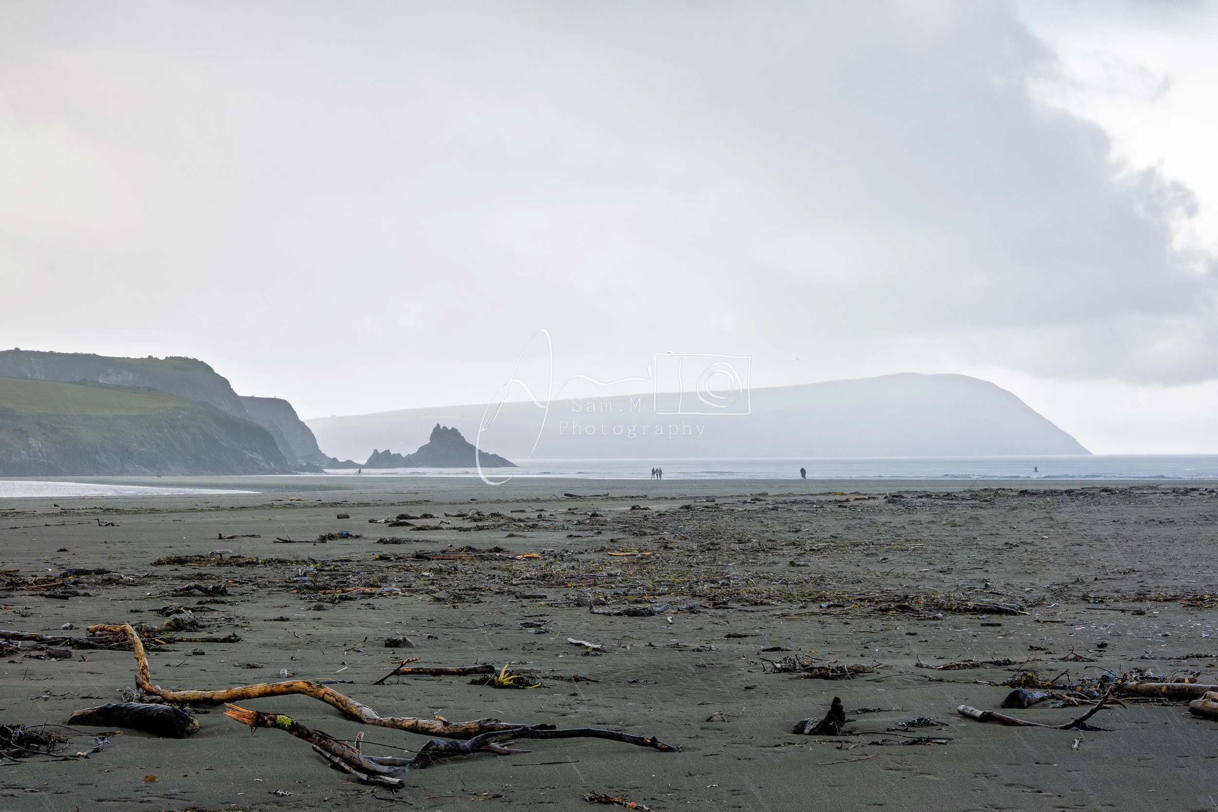 Beach with scattered driftwood and seaweed, distant cliffs and two people walking along the shoreline under cloudy sky.