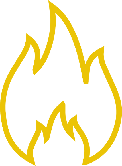 A stylized yellow flame outline on a black background.