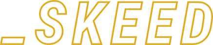 The word 'SKEED' written in bold, uppercase, yellow-outlined letters on a black background.