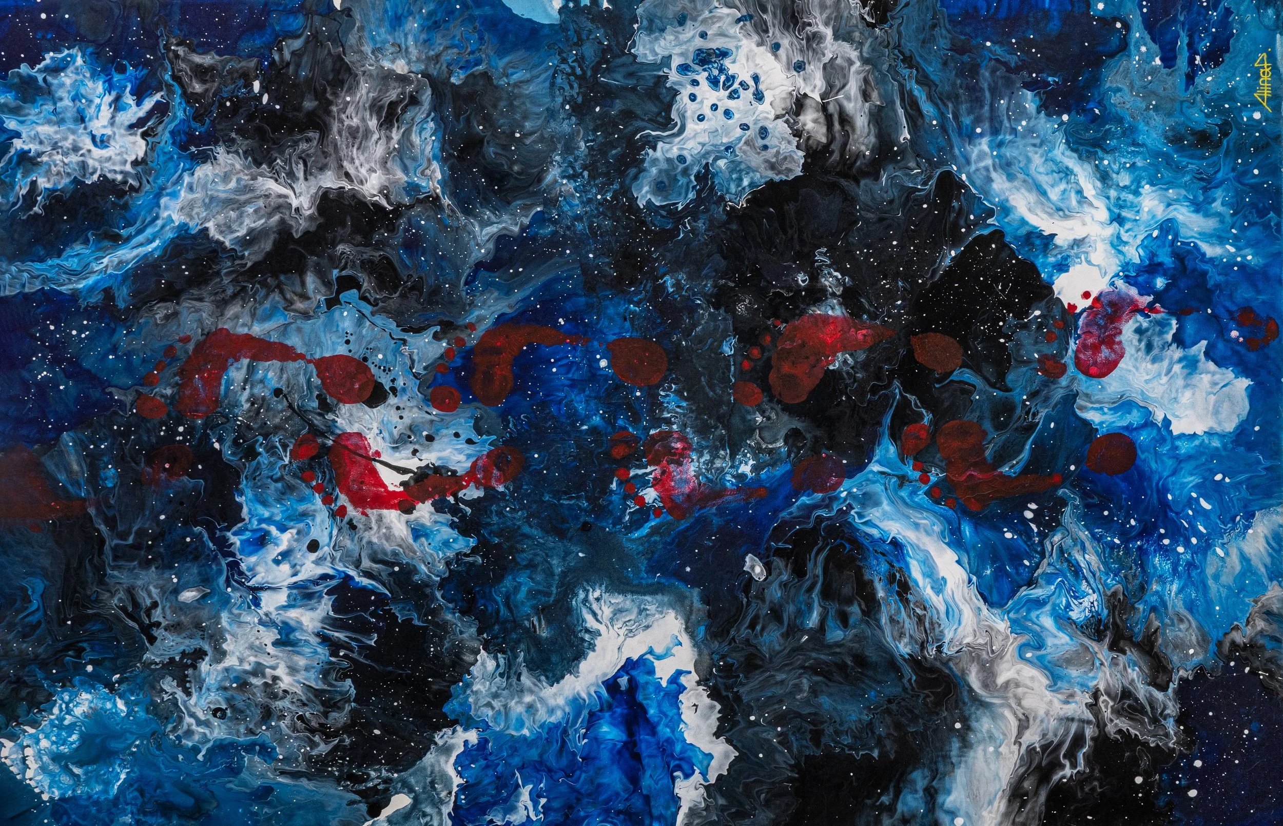 Abstract painting featuring swirling blue, black, white, and gray colors with red splatters and dots amidst a cosmic-like background.