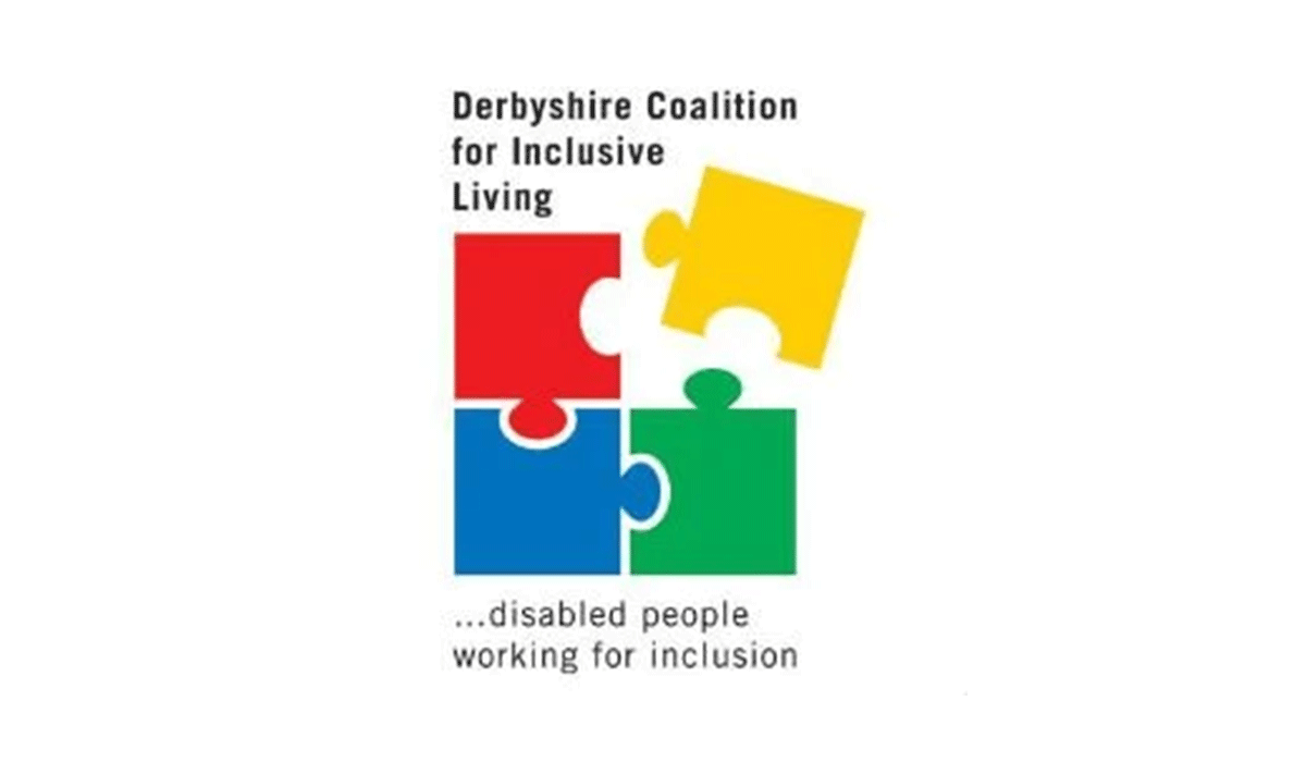 Logo with four interconnected puzzle pieces in red, blue, green, and yellow, representing the Derbyshire Coalition for Inclusive Living, with the slogan 'disabled people working for inclusion'.