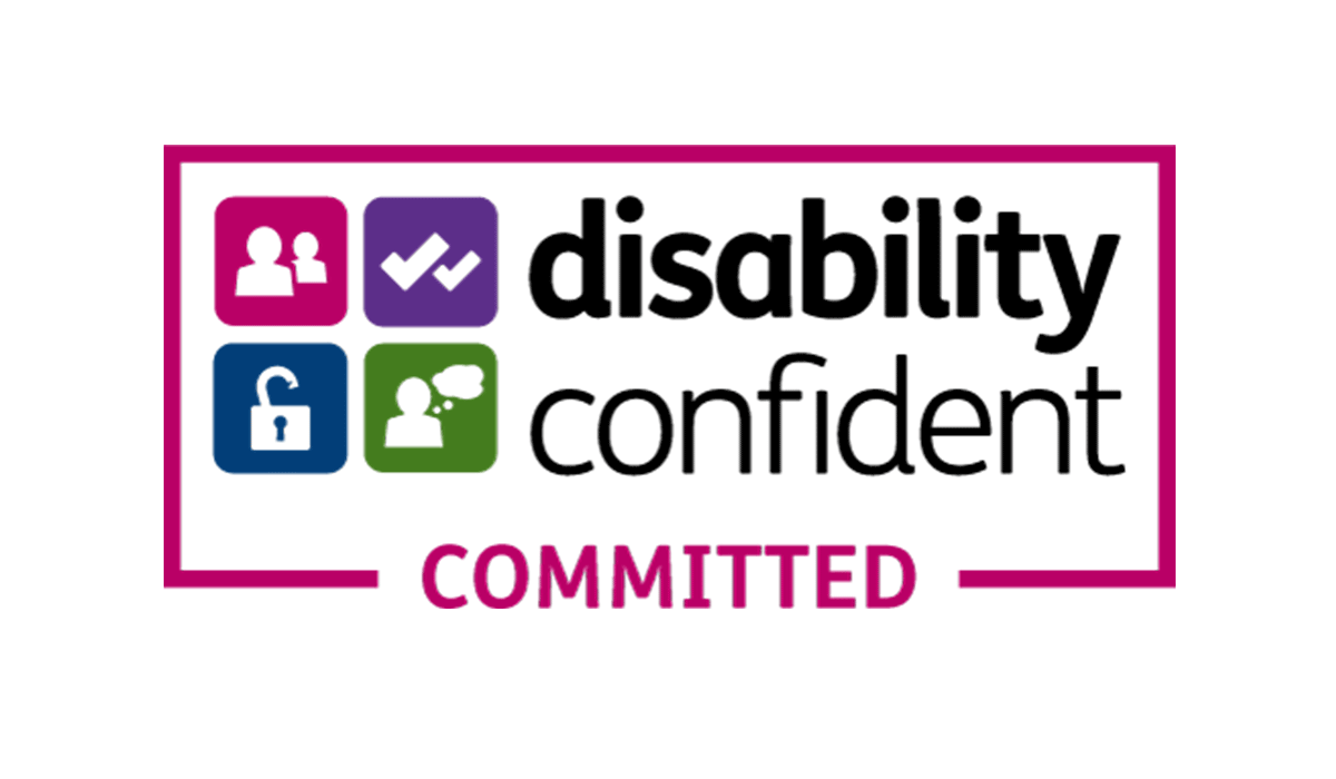Graphic with icons and words: two people icons, a checkmark, a lock, a person with a speech bubble, and text reading 'disability confidence committed'.