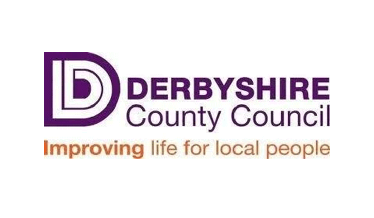 Logo of Derbyshire County Council with purple and black text, and the slogan 'Improving life for local people' in orange and black.