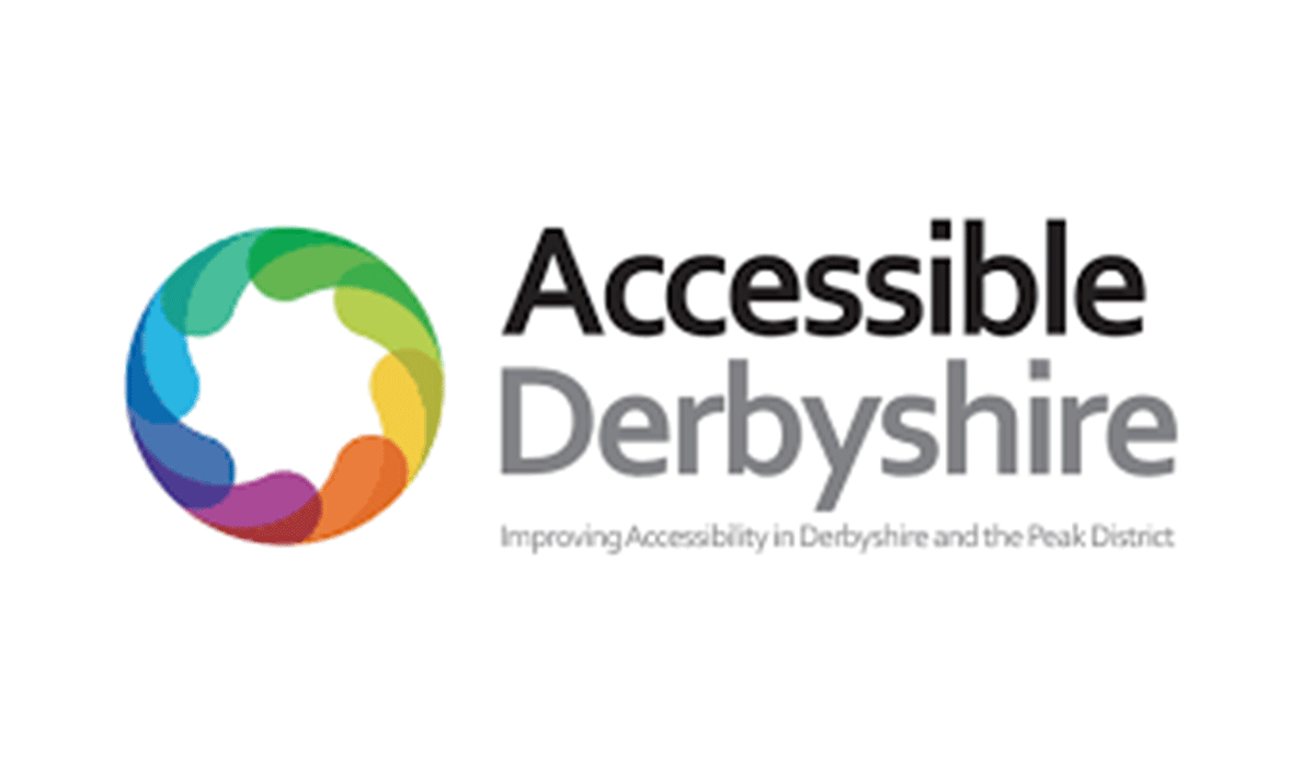 Logo for Accessible Derbyshire featuring a multicolored circular design with a star shape at the center, and text that reads 'Accessible Derbyshire' with a tagline 'Improving Accessibility in Derbyshire and the Peak District.'