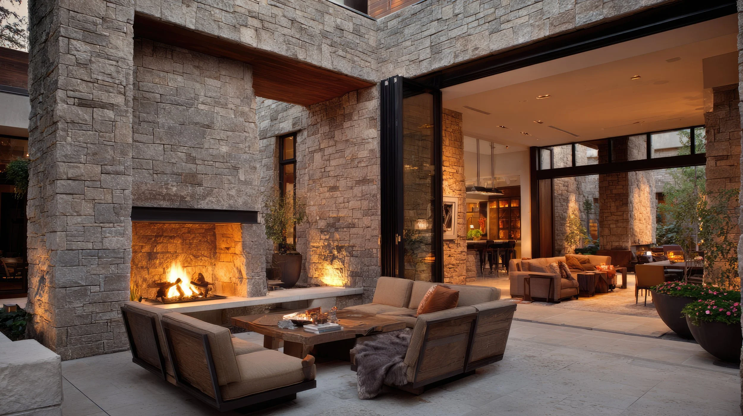 Modern backyard patio with stone walls, a fireplace, and outdoor seating, overlooking an indoor living space with sofas and large windows.