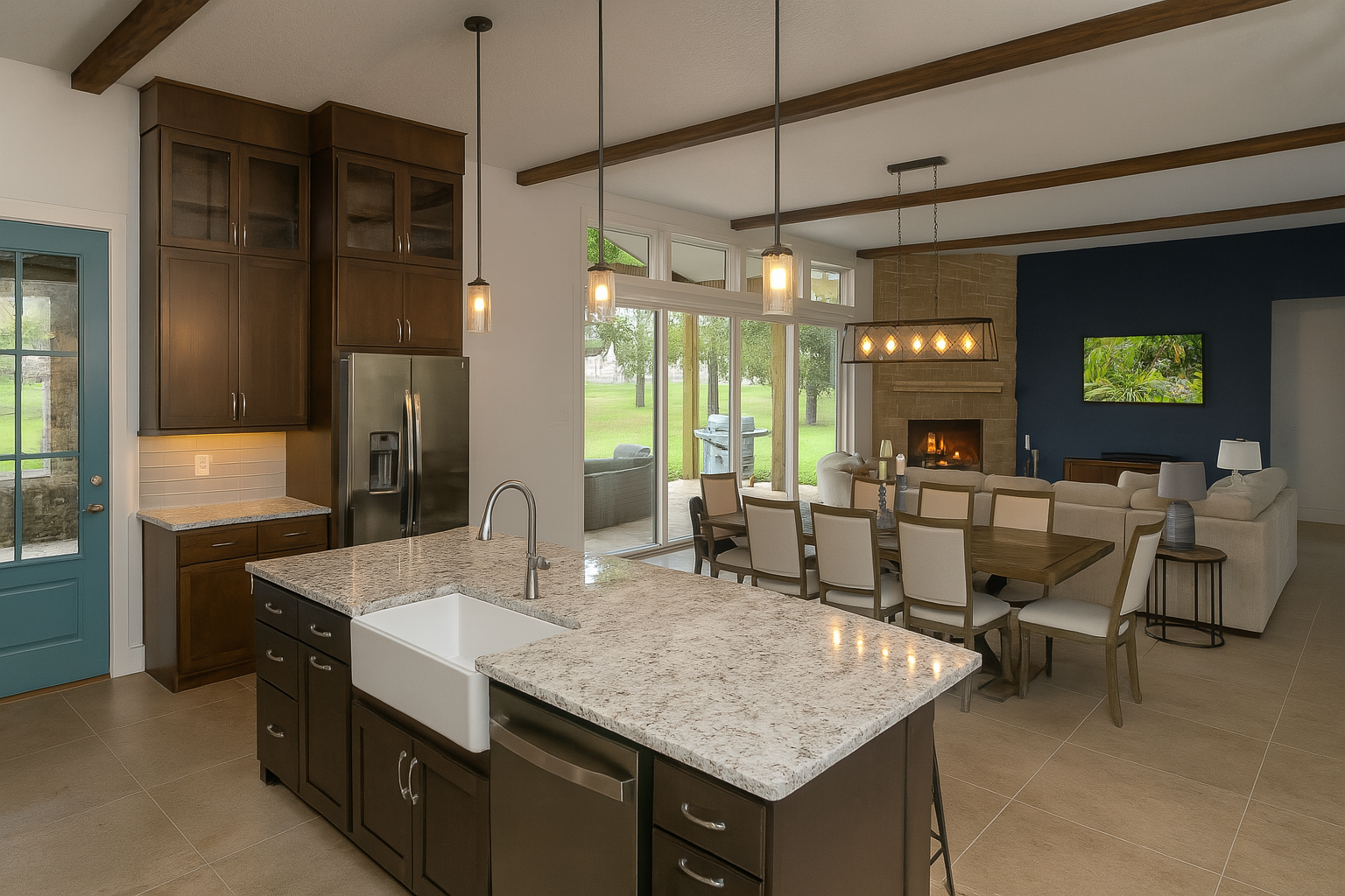 Open-concept kitchen and living room with granite countertop kitchen island, dark wood cabinets, stainless steel refrigerator, beige dining table with eight chairs, beige sectional sofa, fireplace, wall-mounted TV, and large windows showing outdoor g