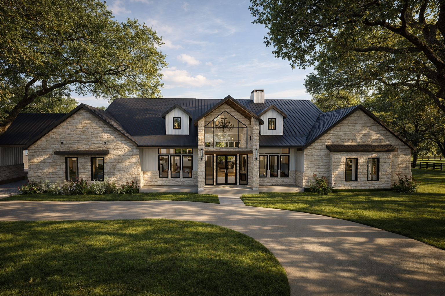 Modern house with stone and white siding exterior, black roof, large front windows, surrounded by green lawn and tall trees.