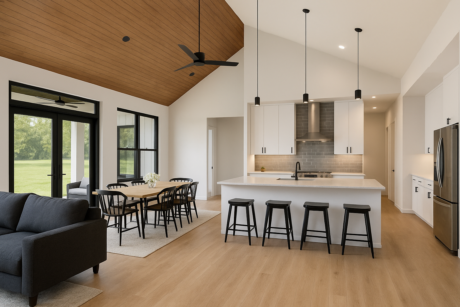 Open-concept living and dining area with a kitchen featuring a white island, black bar stools, and modern appliances. The dining table has six black chairs, and large windows and glass doors provide a view of a grassy outdoor area. The ceiling is woo