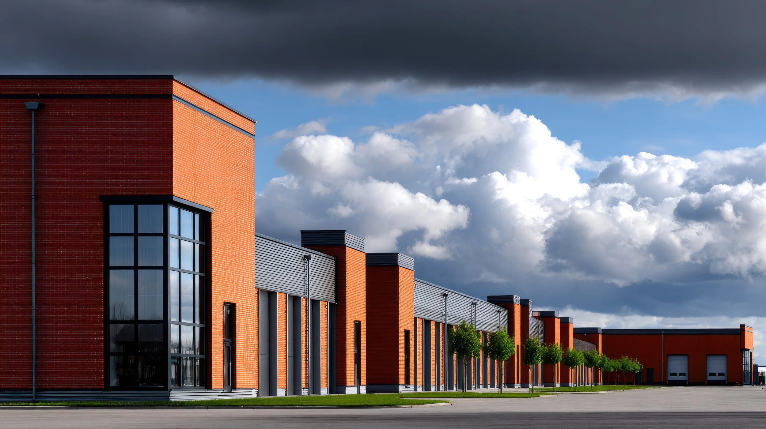 A modern industrial building with red brick walls, large glass windows, and a row of green trees in front, under a cloudy sky.