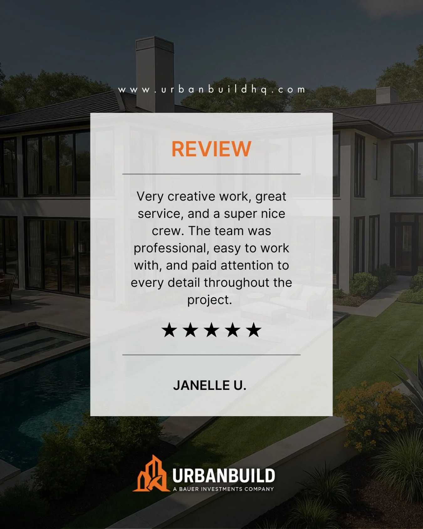 Client satisfaction is at the heart of everything we do.

&ldquo;Very creative work, great service, and a super nice crew.&rdquo; Thank you, Janelle, for trusting UrbanBuild with your project. Our team is committed to delivering exceptional craftsman