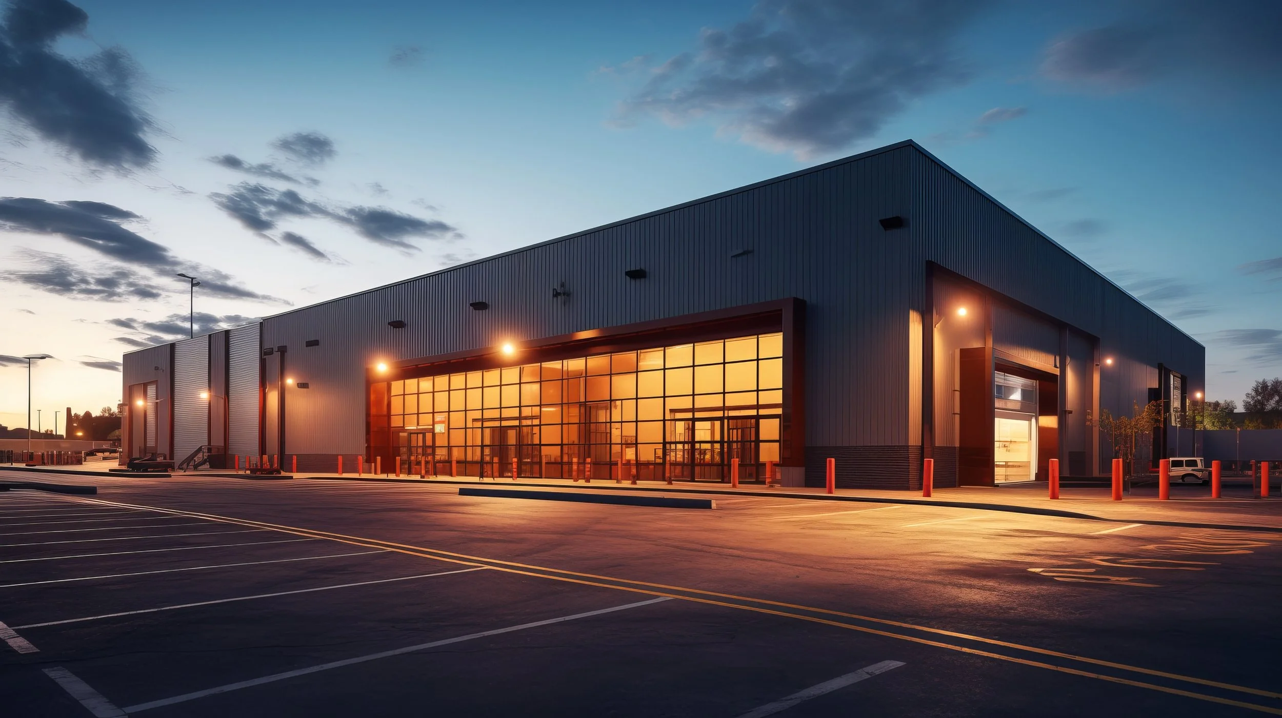 Modern warehouse or industrial building with large glass doors, illuminated at dusk, with parking lot in foreground.