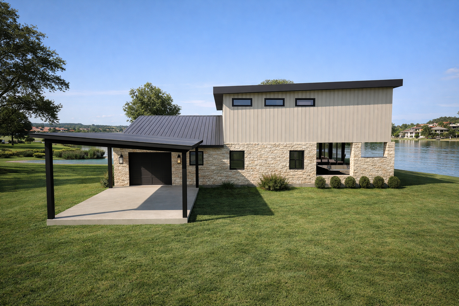 Modern house with stone and metal exterior, overlooking a lake, with a covered driveway and landscaped yard.