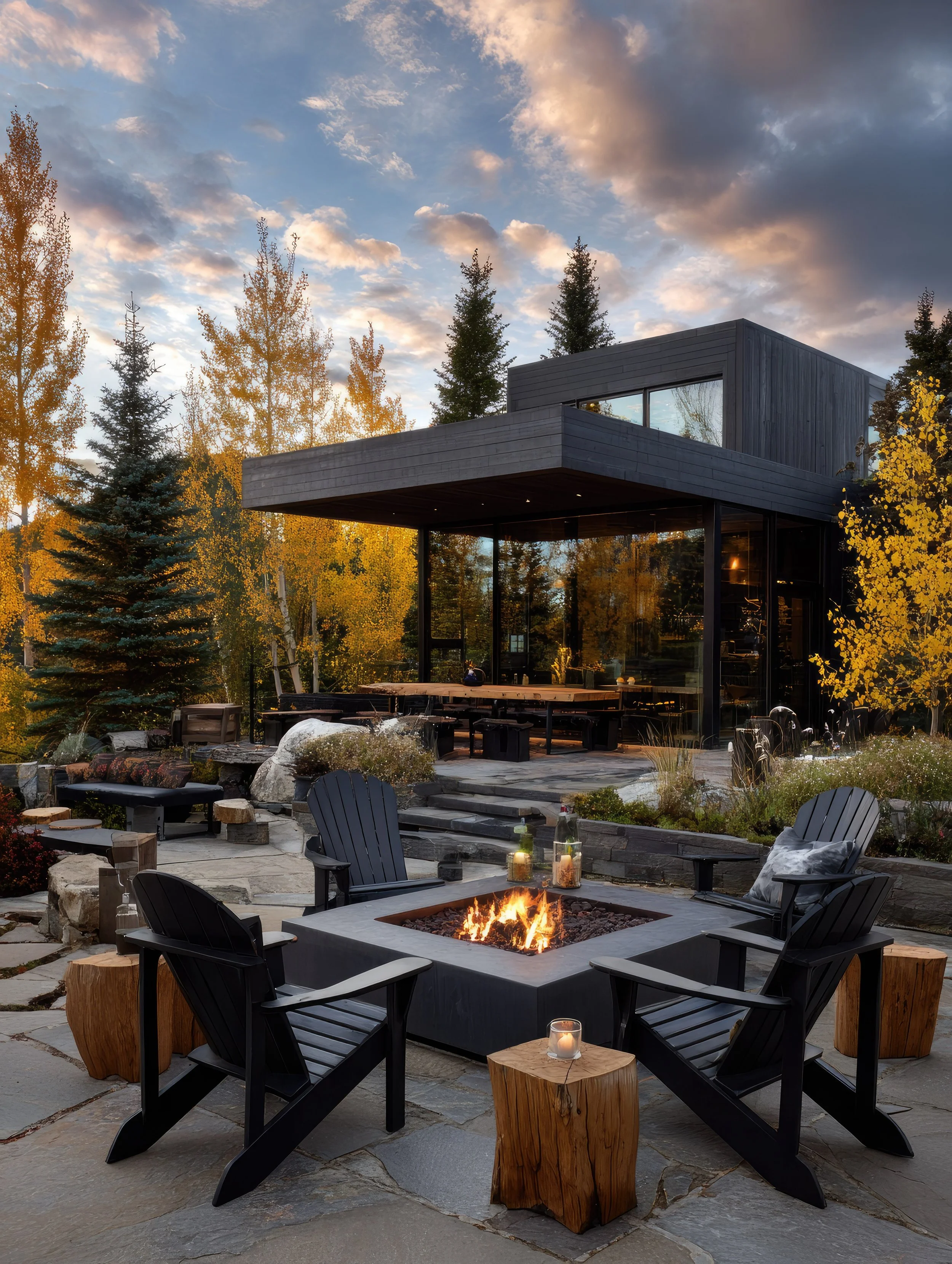Outdoor patio with a fire pit circle of black Adirondack chairs, small wooden stumps, and a modern house with large glass windows surrounded by trees during sunset.