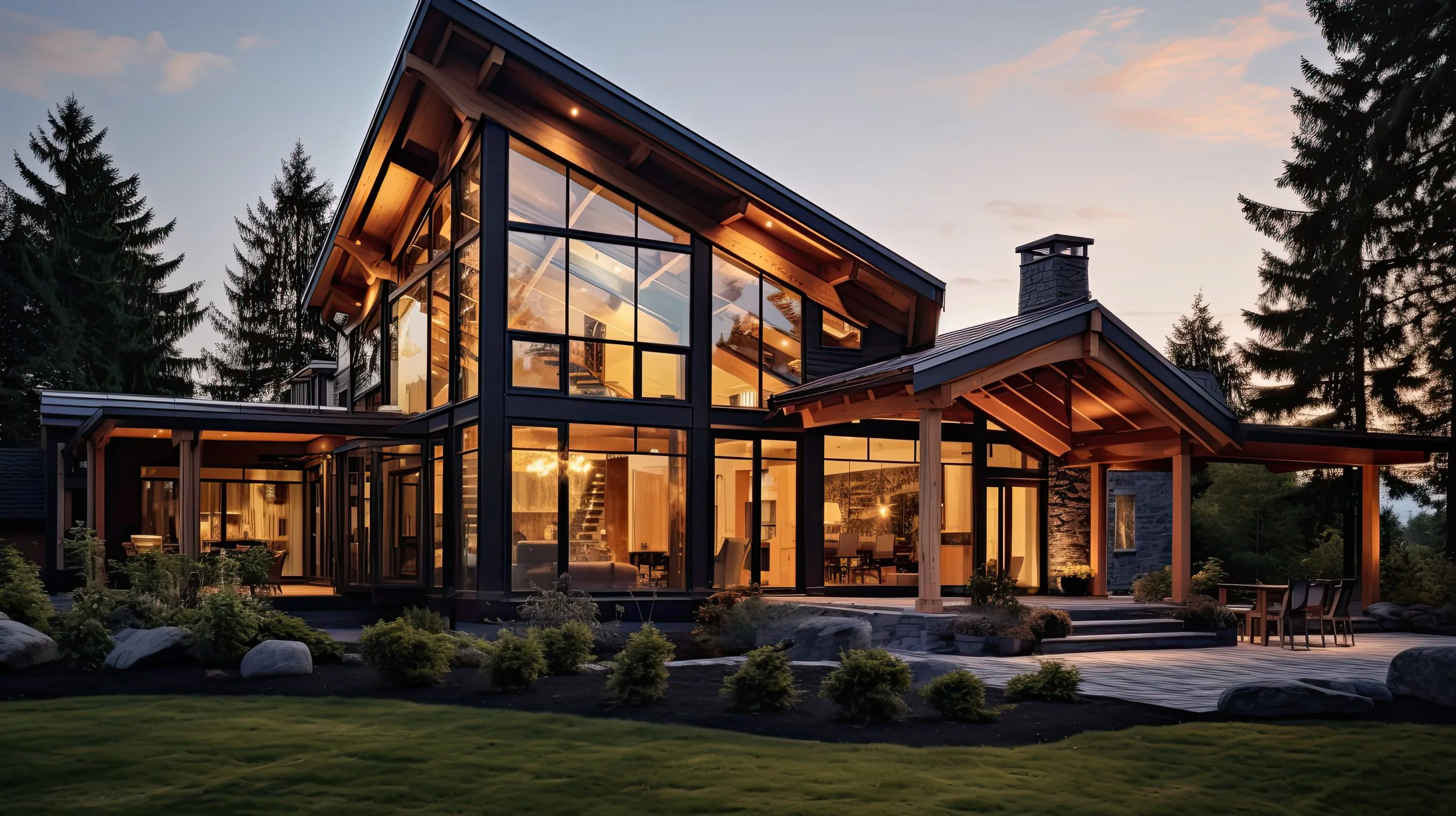 Modern house with large glass windows illuminated from inside, set in a wooded area during sunset, with a landscaped yard and outdoor seating.
