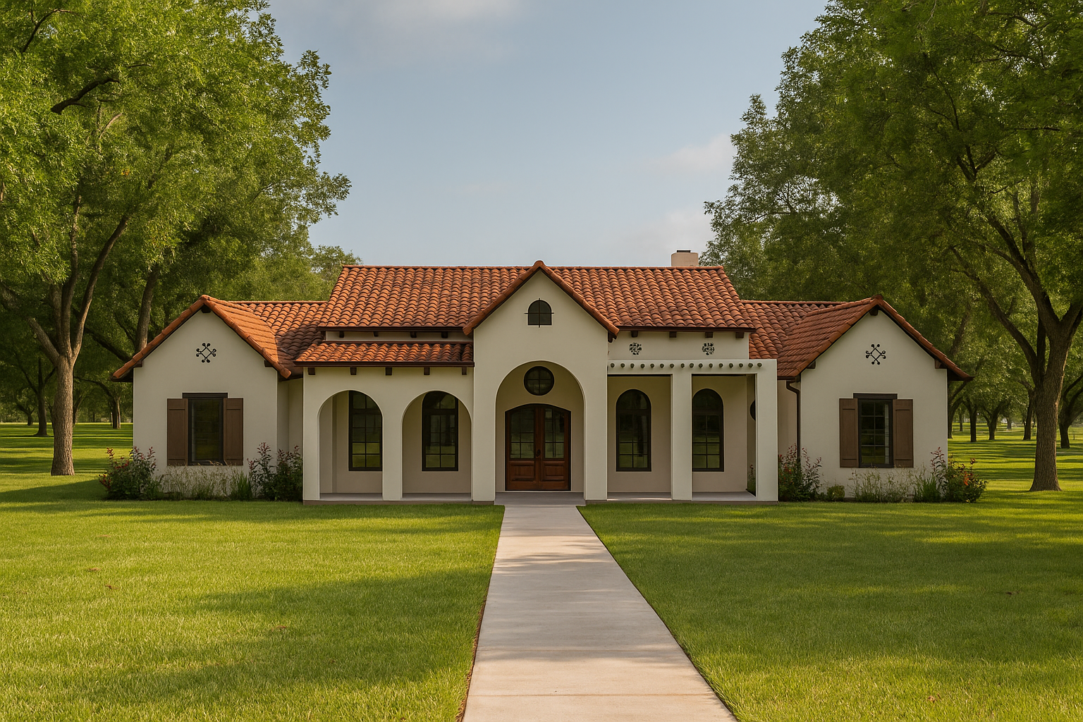Front view of a single-story house with a red tile roof, arched windows, and a small front porch, surrounded by green trees and a well-maintained lawn.