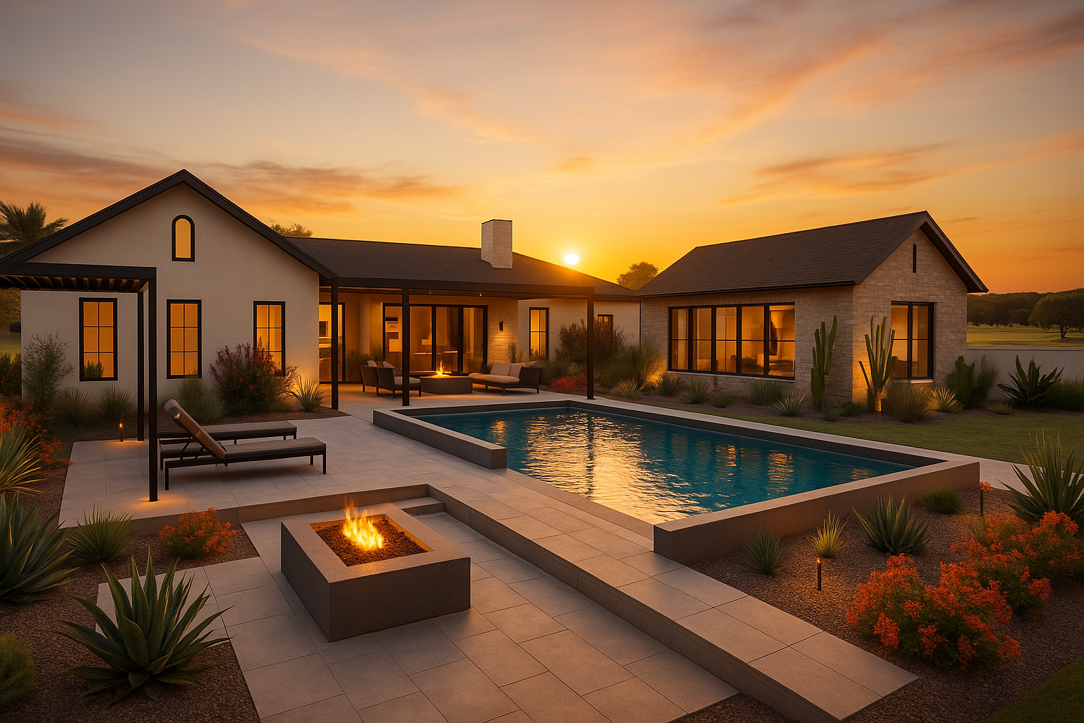 A modern backyard during sunset featuring a swimming pool, outdoor lounge area, fire pit, and desert landscaping with cacti and succulents.