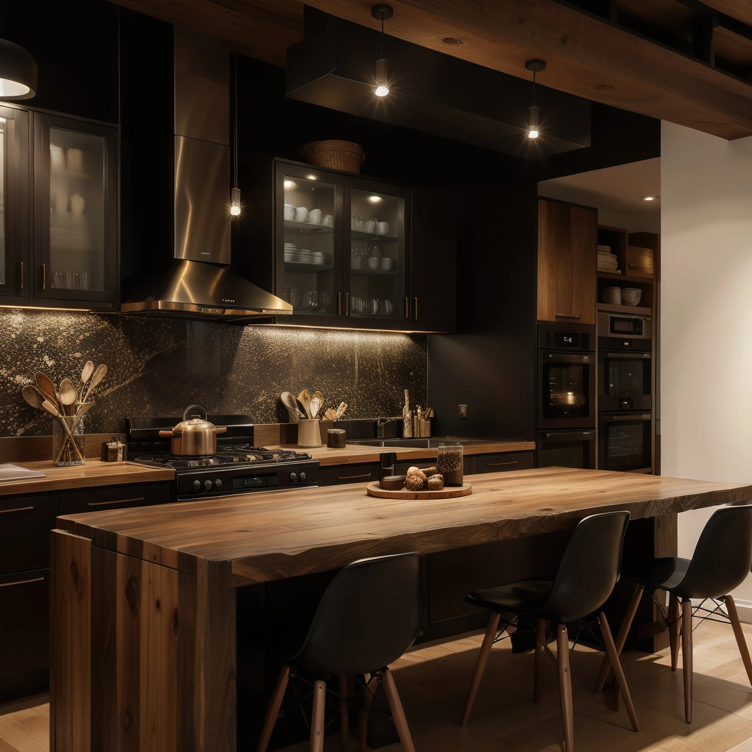 Modern kitchen with black cabinets, wooden countertop, and a large wooden dining table with three black chairs.