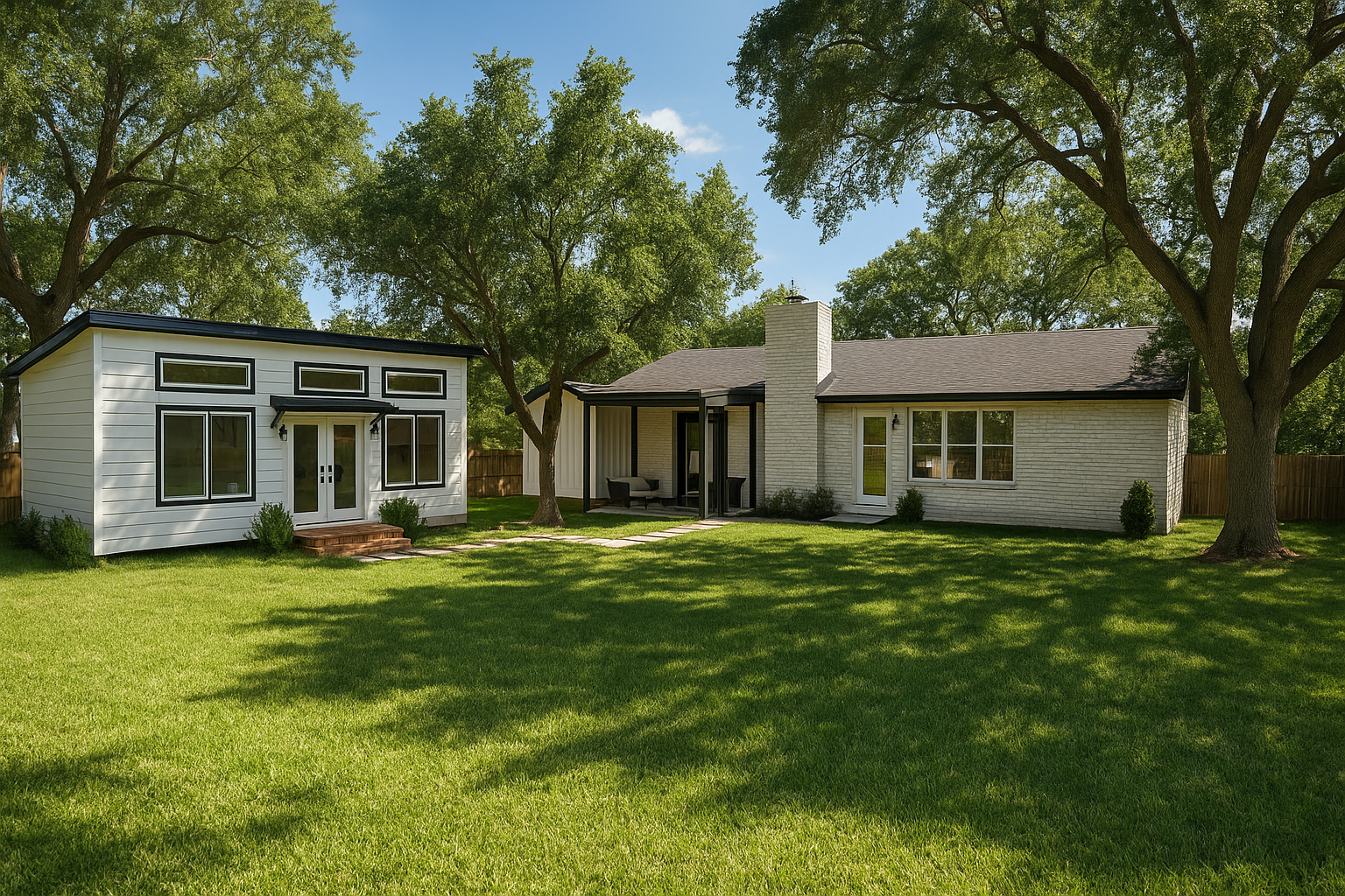 A modern backyard with a large green lawn, mature trees, and two adjacent houses with white exterior walls and large windows. One house has a covered porch with seating, and the other has a small staircase leading to a door.