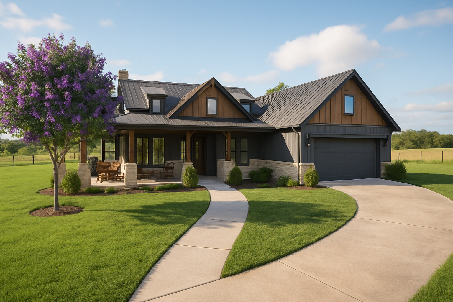 Modern house with dark gray and wood siding, front porch with seating, well-maintained lawn, purple flowering tree, and curved concrete driveway under a partly cloudy sky.