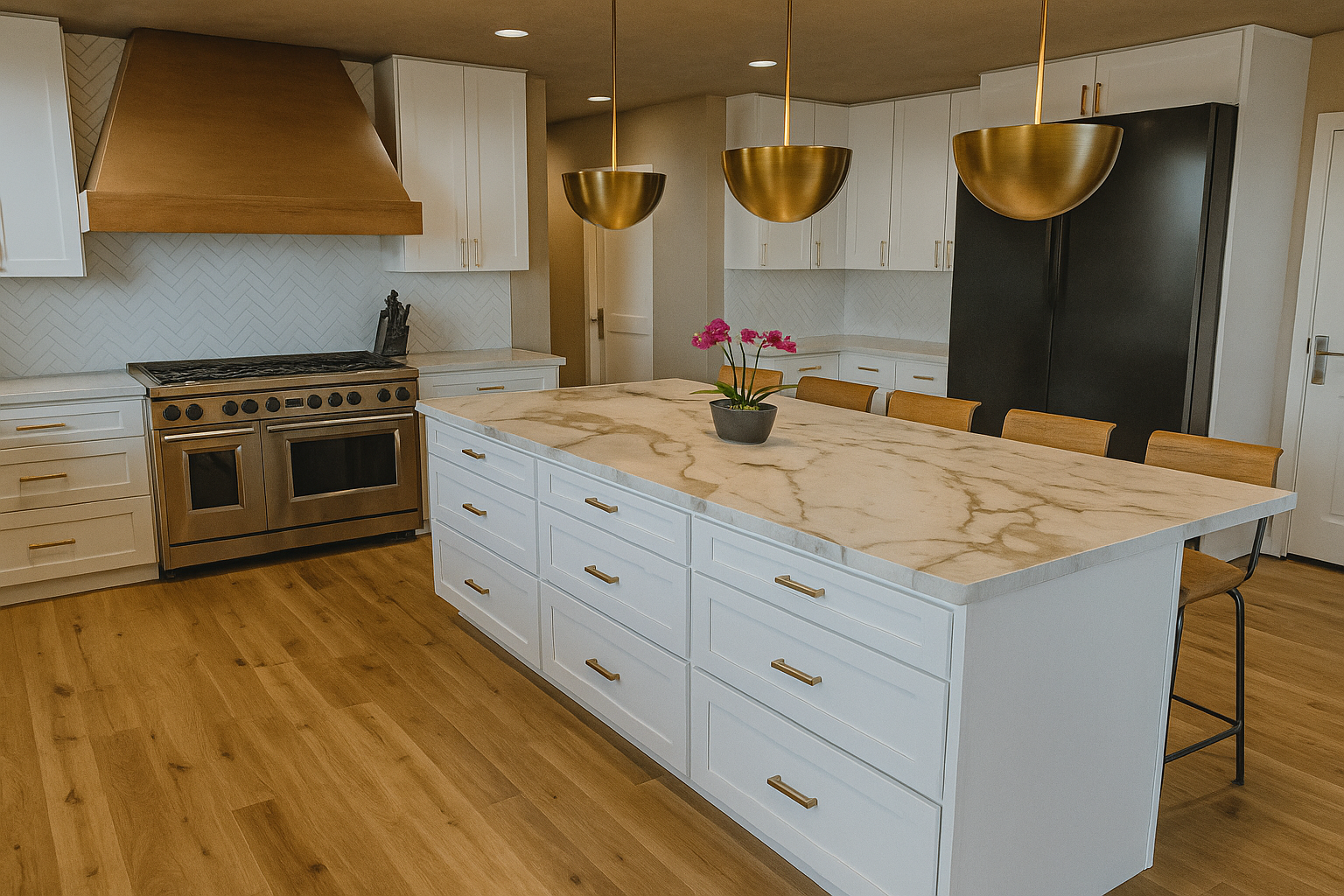 Modern kitchen with white cabinets, a large marble island, gold hardware, a silver stove, a black refrigerator, wooden chairs, and gold pendant lights.