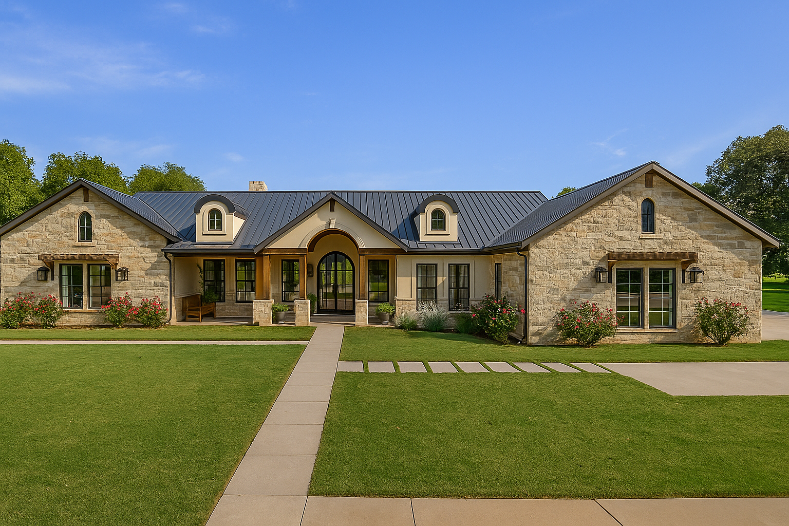 Large modern house with stone exterior, black metal roof, arched front door, and multi-pane windows, surrounded by a well-manicured lawn and flower bushes under a blue sky.