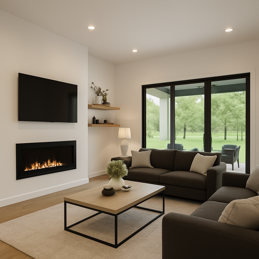 Modern living room with beige walls, two dark-colored sofas with light cushions, a wooden coffee table with a decorative plant and small items, a wall-mounted TV, a built-in fireplace, a large sliding glass door showing a yard with green trees and ou