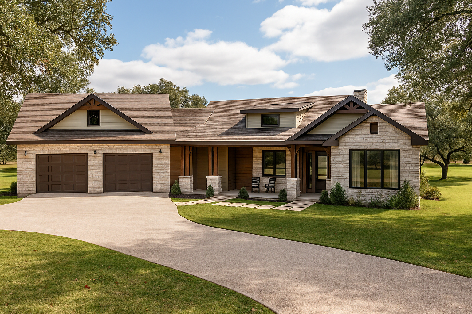 A modern house with a brick and siding exterior, a three-car garage, a curved driveway, and a spacious front porch with seating. Surrounded by a well-maintained lawn and trees under a partly cloudy sky.