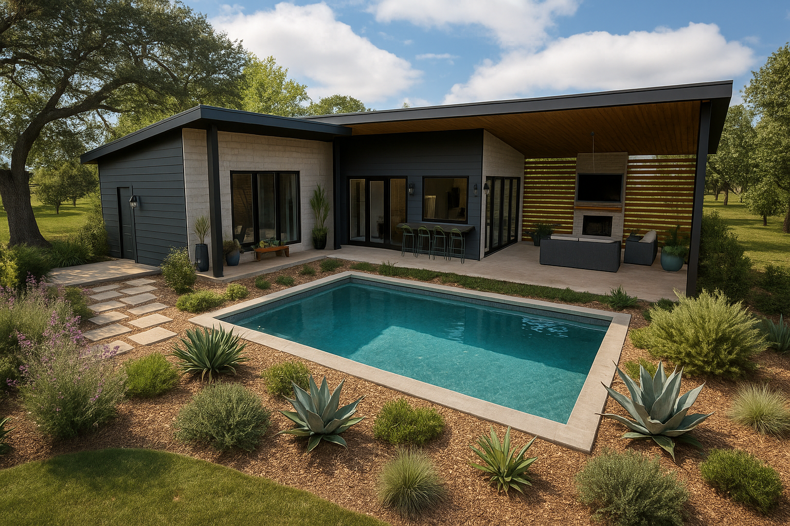 Modern house with a backyard pool, outdoor seating, and landscaping with desert plants and trees under a partly cloudy sky.
