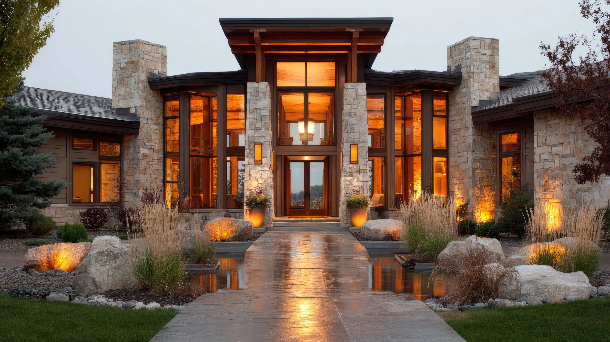 Modern house with stone facade, large glass windows, warm lighting, and landscaped front yard with rocks and plants