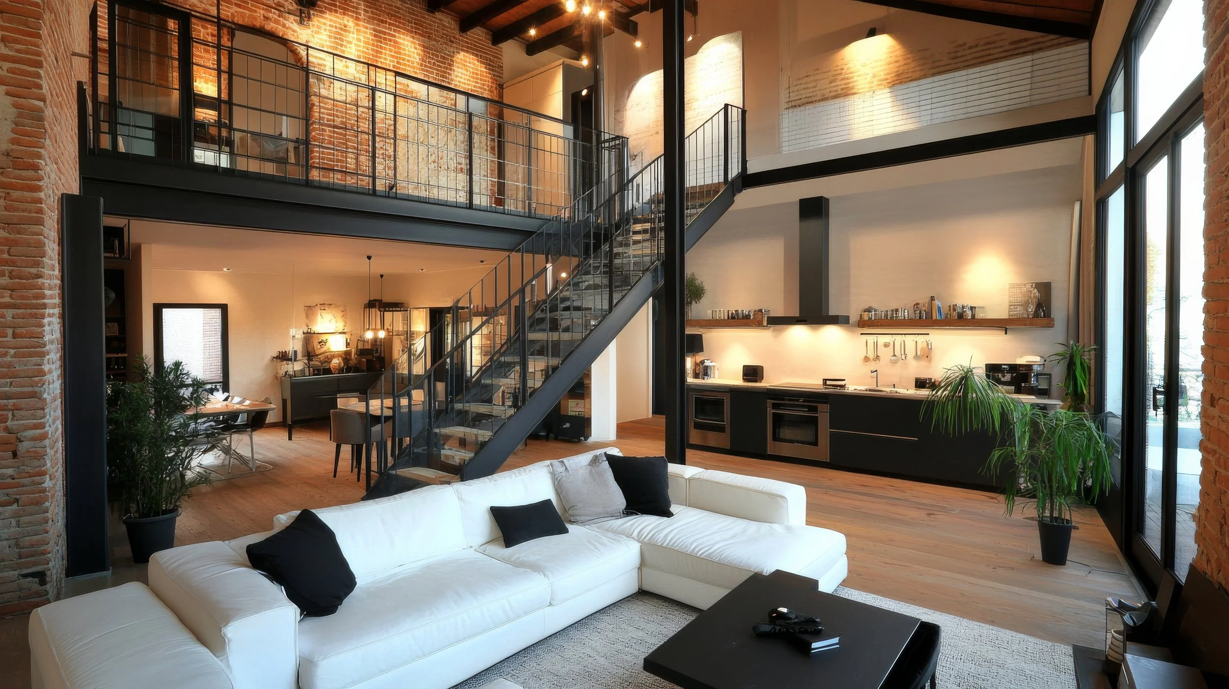 Modern open-plan living room and kitchen with brick walls, large windows, white sofa with black cushions, wooden floors, and a metal staircase leading to a loft area.