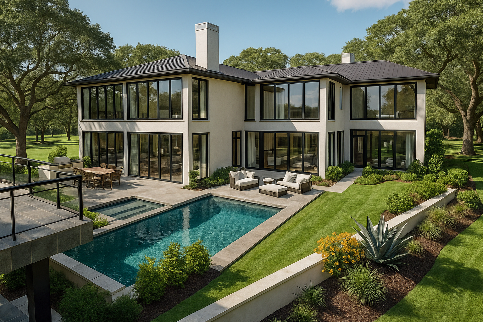 Modern two-story house with large glass windows, outdoor patio with furniture, and a swimming pool in a landscaped yard with grass, bushes, and trees.