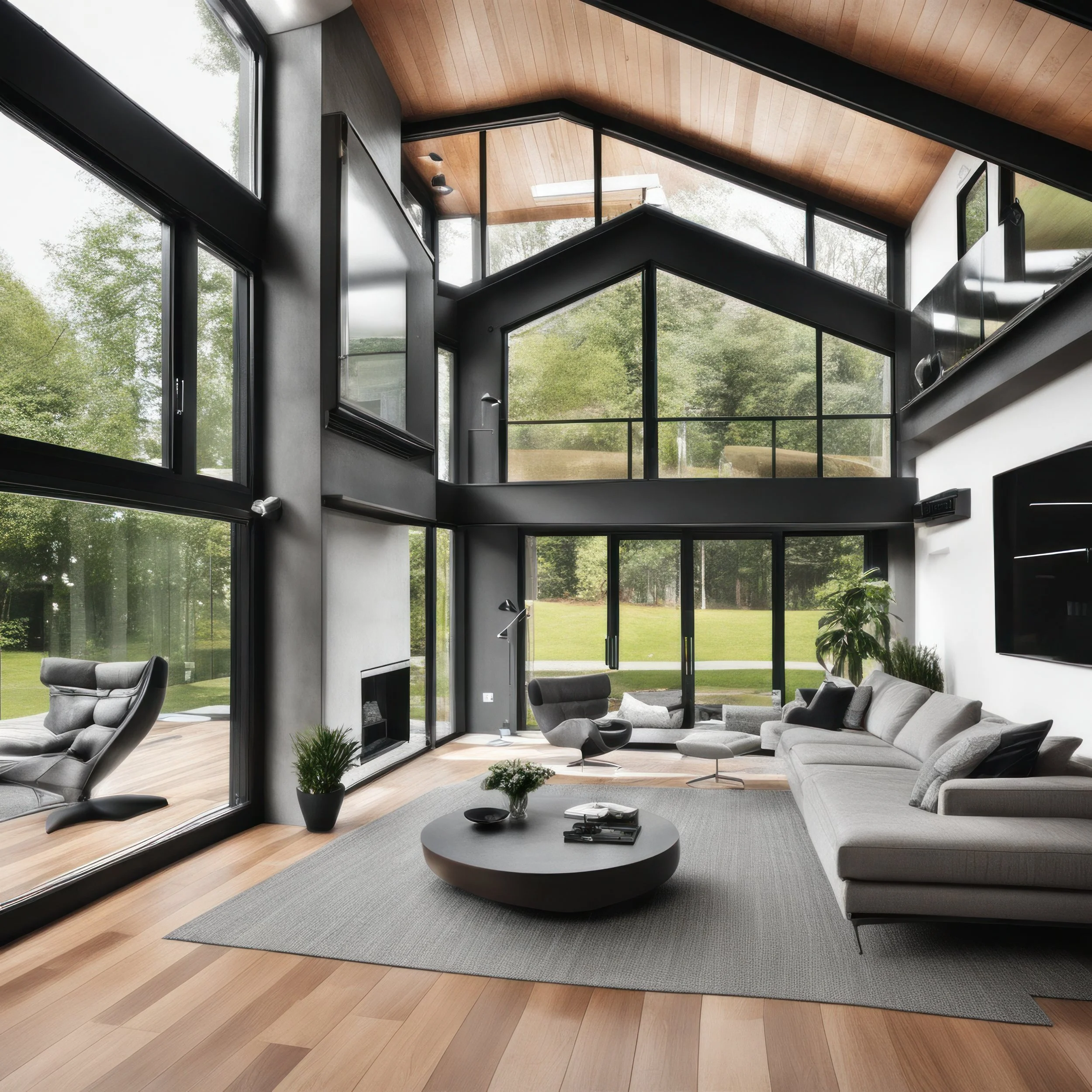 Modern living room with large floor-to-ceiling windows, gray sectional sofa, black accent chairs, wood flooring, and neutral area rug.