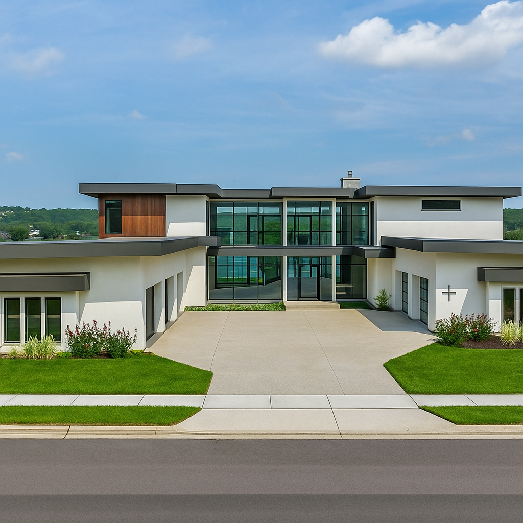 Modern two-story house with large glass windows, white and wood exterior, green lawn, and a driveway in front.