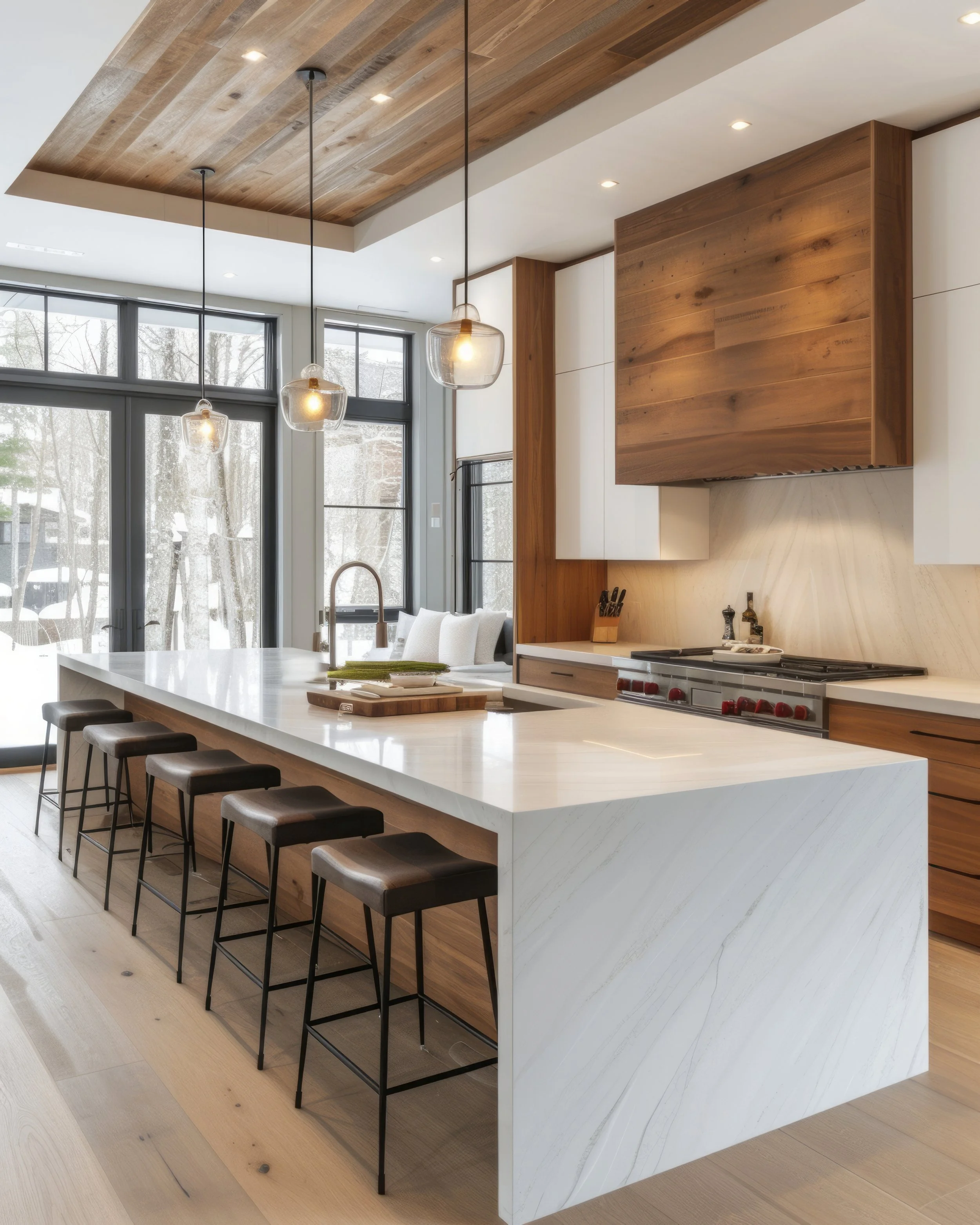 Modern kitchen with white marble island, wooden cabinets, large windows, pendant lights, and wood-paneled ceiling.