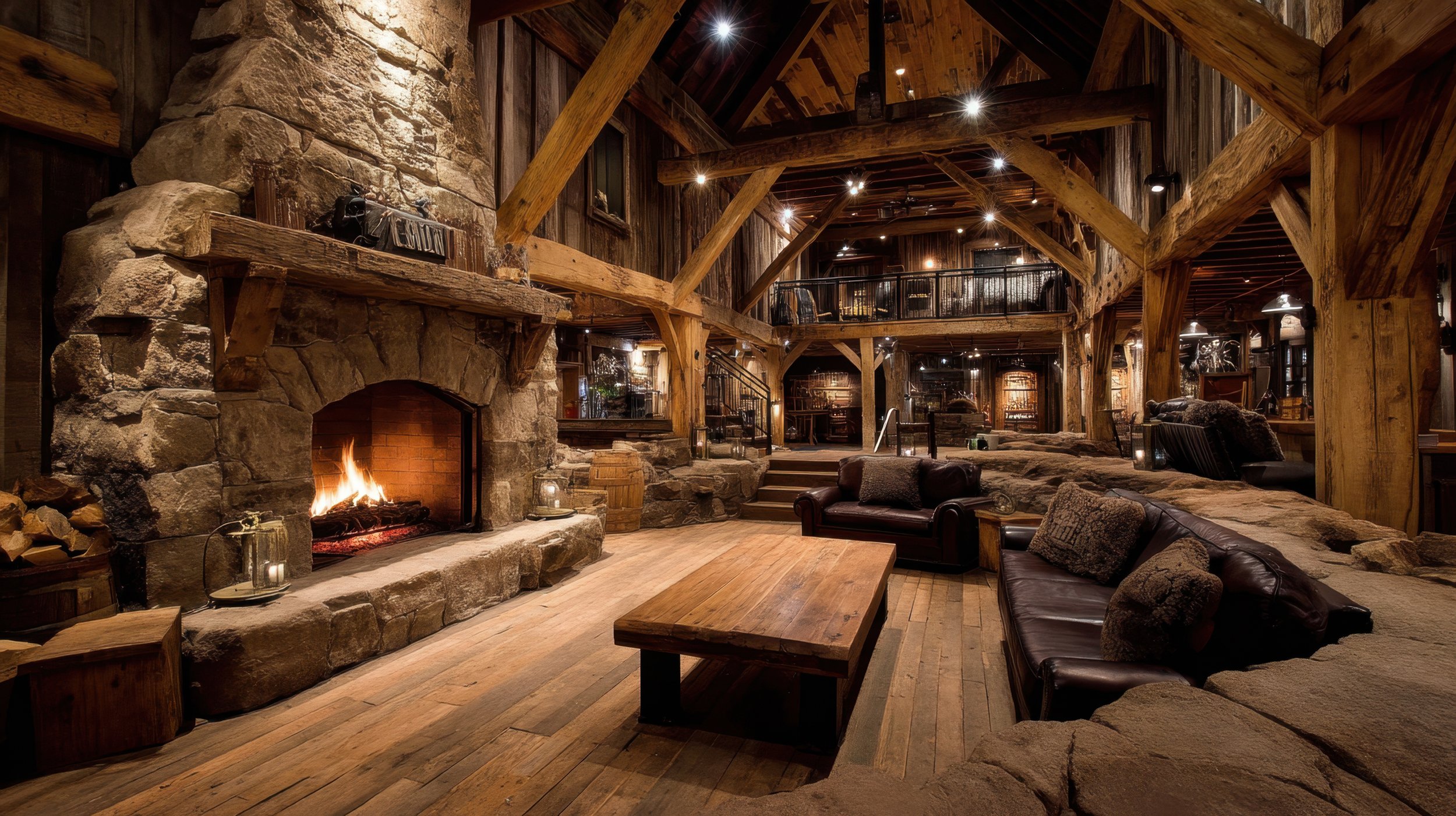 Interior of a cozy rustic lodge with a large stone fireplace, wooden beams, leather sofas, and warm lighting.