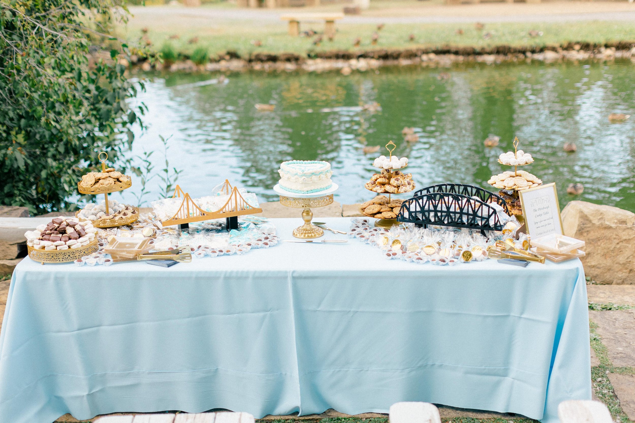 Dessert table with cookies, cake, and treats set up outdoors near a pond with ducks, on a light blue tablecloth.