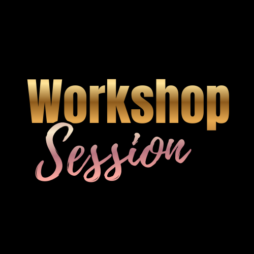 Text reading 'Workshop Session' with 'Workshop' in gradient gold and 'Session' in pink cursive on a black background.