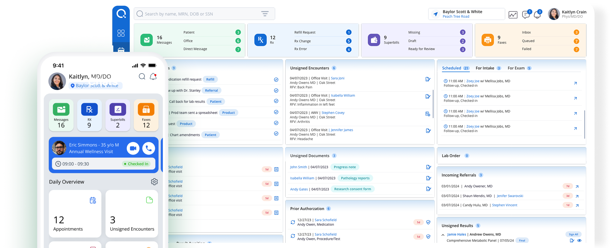 Screenshot of a medical practice management software dashboard with patient information, appointment details, and messaging interface, displayed on both desktop and mobile screens.