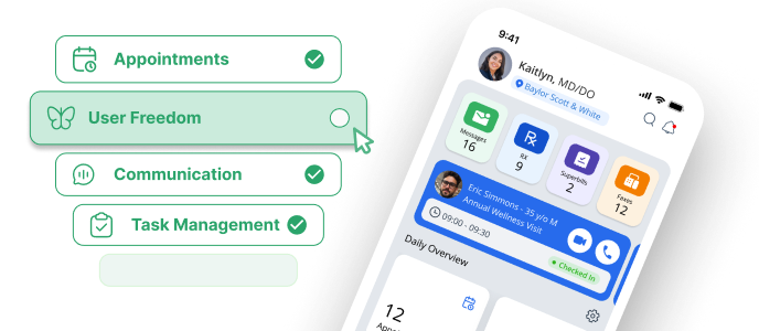 Mobile phone screen showing a healthcare app with appointment scheduling, user freedom, communication, and task management options, alongside appointment details and a daily overview.