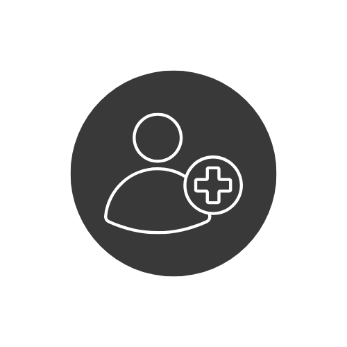 Outline of a person with a plus sign in a circle to the side of the chest, indicating 'add user' or 'add contact' icon on a dark background.