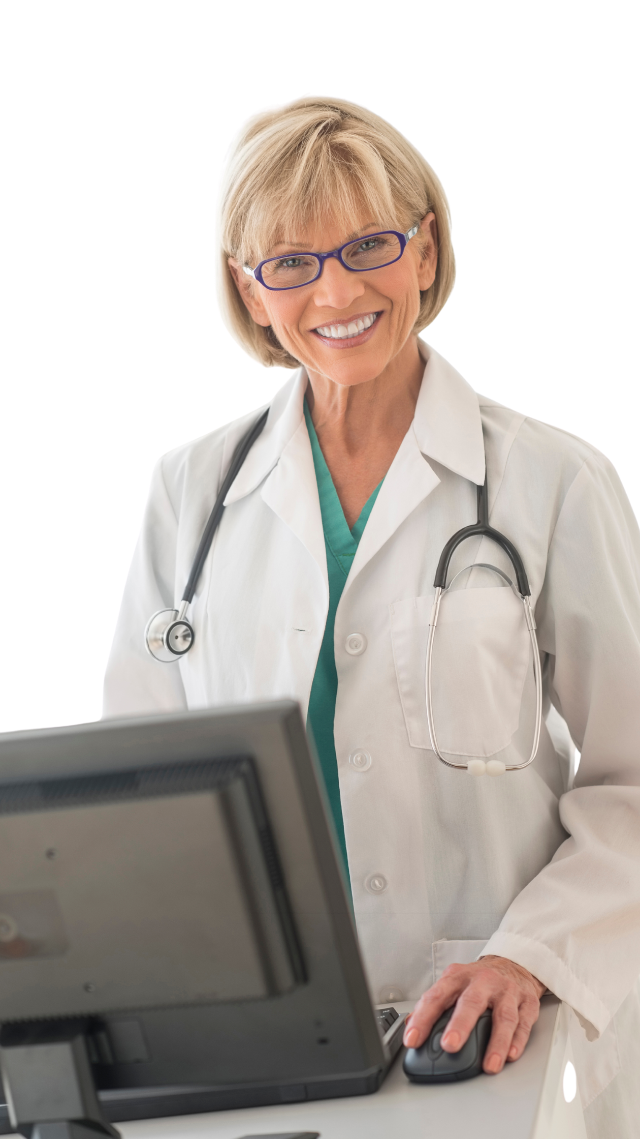 A smiling female doctor with blond hair, wearing glasses, a white lab coat, and a stethoscope around her neck, working on a computer.