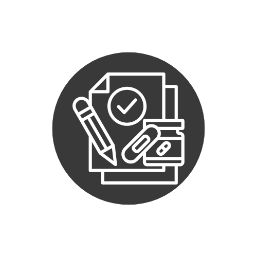 Outline icon of a document with a checkmark, a pen, a binder clip, and a file folder on a dark circle background.