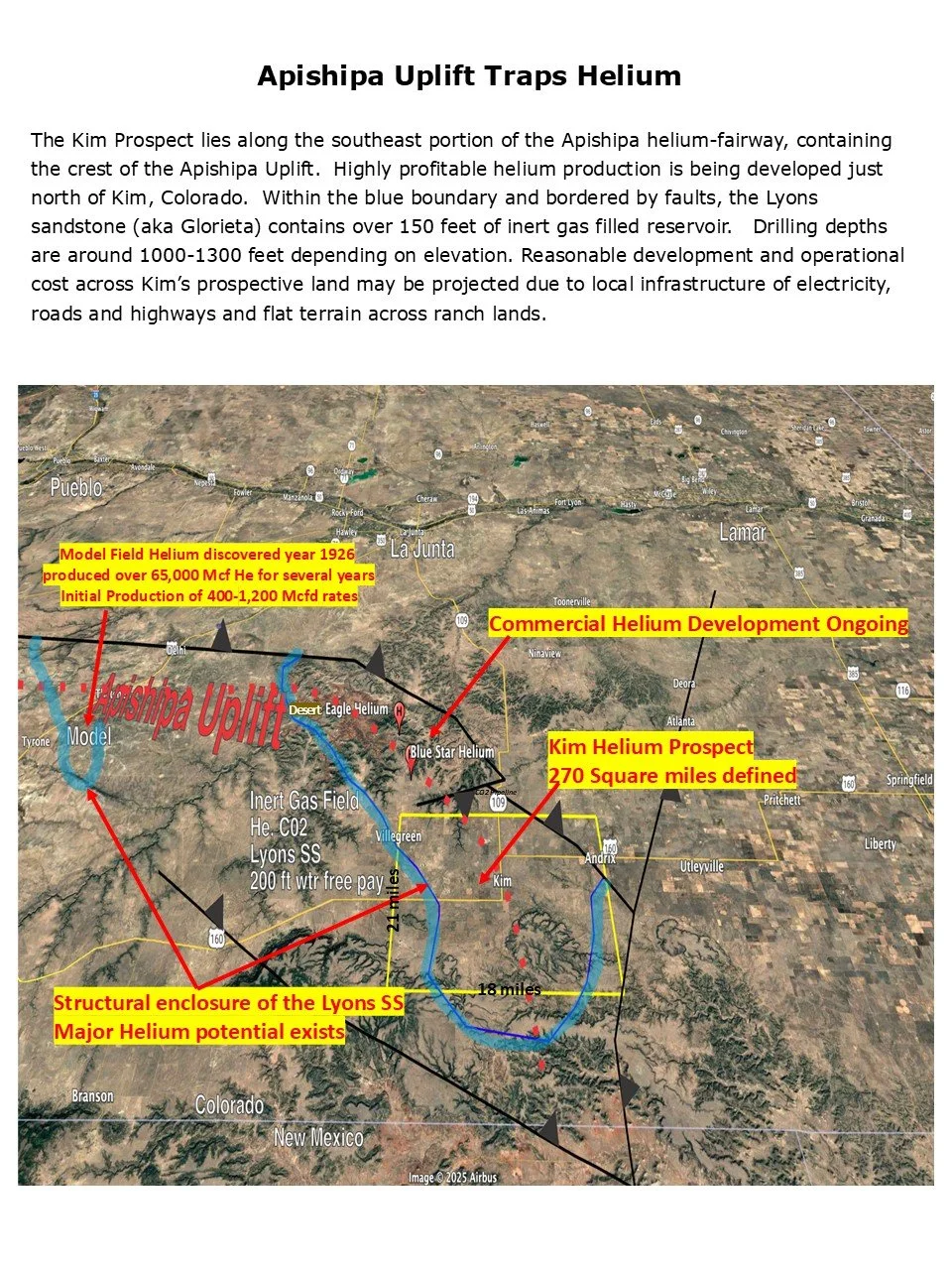 Map showing the Apishipa Uplift area with annotations about helium prospecting and development in Kim, Colorado, including historic and ongoing projects, geological features, geographic locations, and infrastructure.